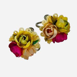 Vintage Floral Bouquet Colorful Screw Back Earrings